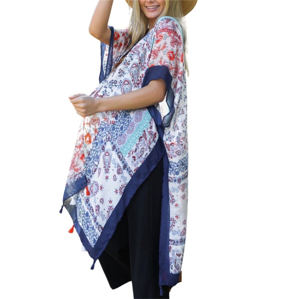 Women's Patchwork Kimono Tassels One Size Blue Red Boho Western Duster